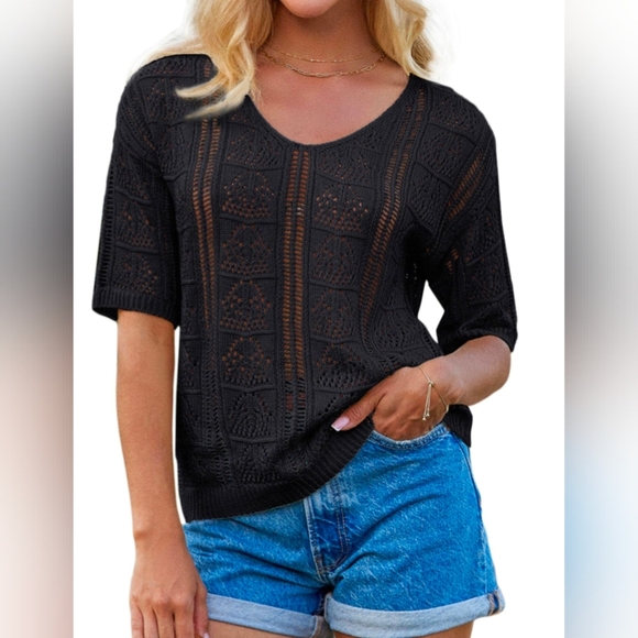 Grace Karin Sweaters - Grace Karin Women's Black Crochet Knit Short Sleeve VNeck Sweater NWT
